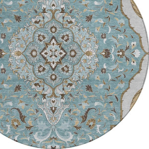 8 Ft Round Medallion Polyester Area Rug Teal Brown Washable Indoor Outdoor Patio