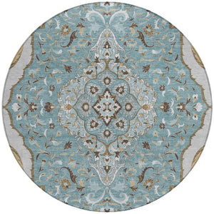 8 Ft Round Medallion Polyester Area Rug Teal Brown Washable Indoor Outdoor Patio