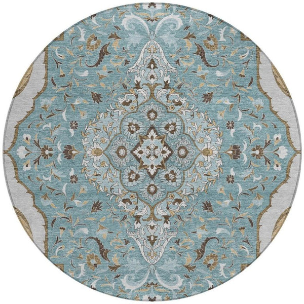 8 Ft Round Medallion Polyester Area Rug Teal Brown Washable Indoor Outdoor Patio