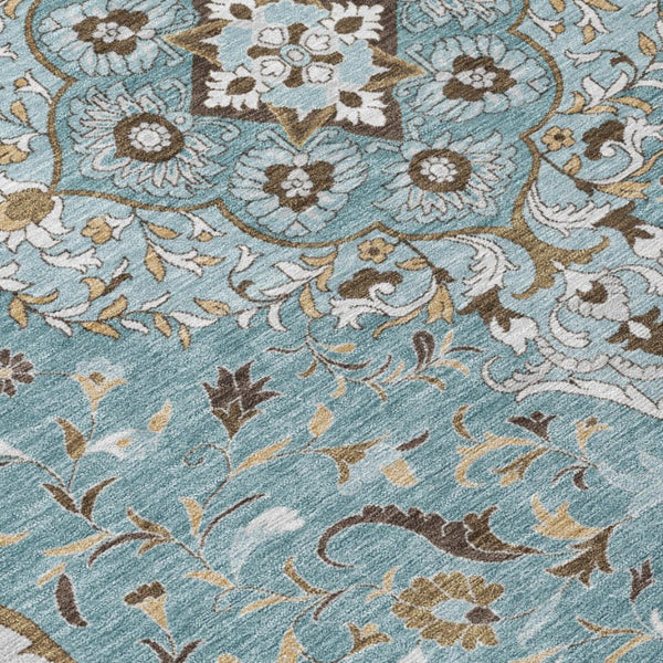 8 Ft Round Medallion Polyester Area Rug Teal Brown Washable Indoor Outdoor Patio