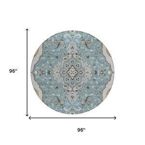 8 Ft Round Medallion Polyester Area Rug Teal Brown Washable Indoor Outdoor Patio