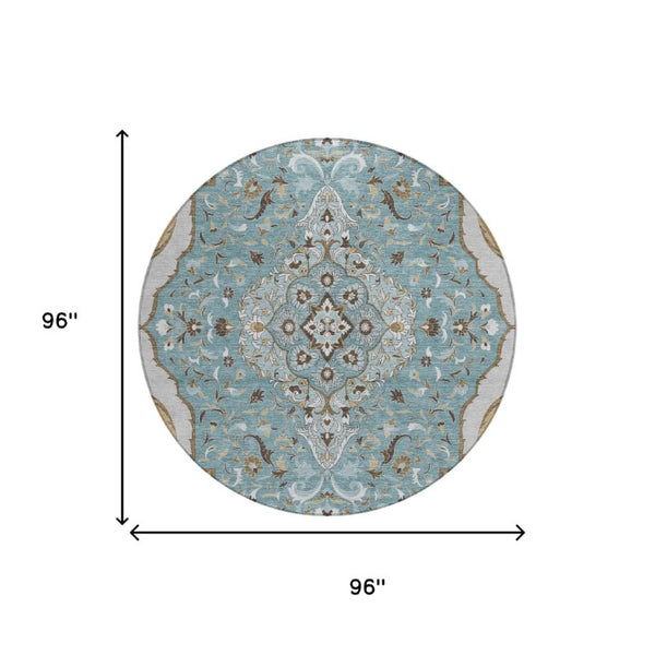 8 Ft Round Medallion Polyester Area Rug Teal Brown Washable Indoor Outdoor Patio