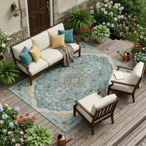 8x10 Teal Brown Medallion Polyester Area Rug Washable Stain Resistant Indoor Outdoor