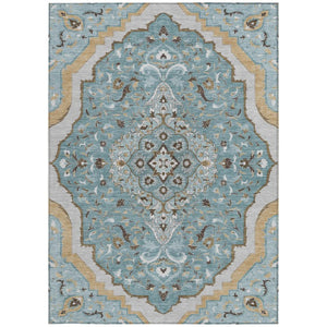 8x10 Teal Brown Medallion Polyester Area Rug Washable Stain Resistant Indoor Outdoor