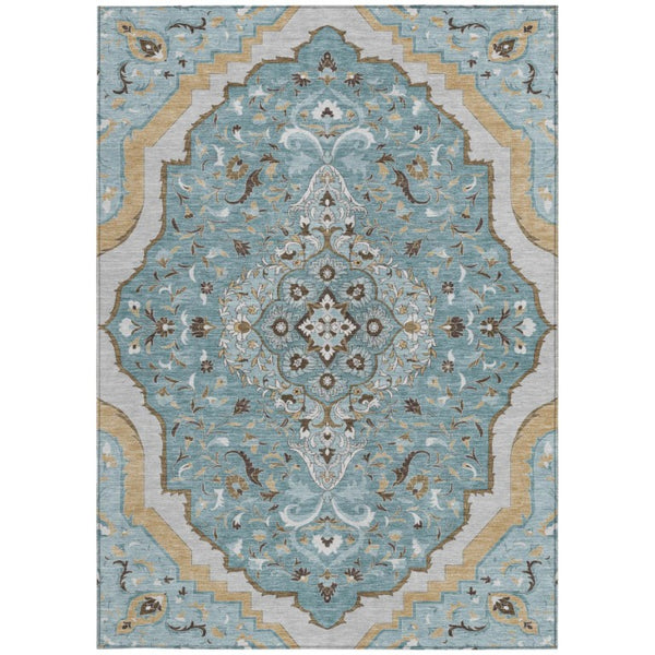 8x10 Teal Brown Medallion Polyester Area Rug Washable Stain Resistant Indoor Outdoor