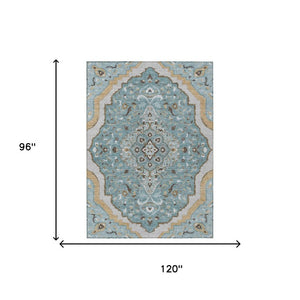 8x10 Teal Brown Medallion Polyester Area Rug Washable Stain Resistant Indoor Outdoor