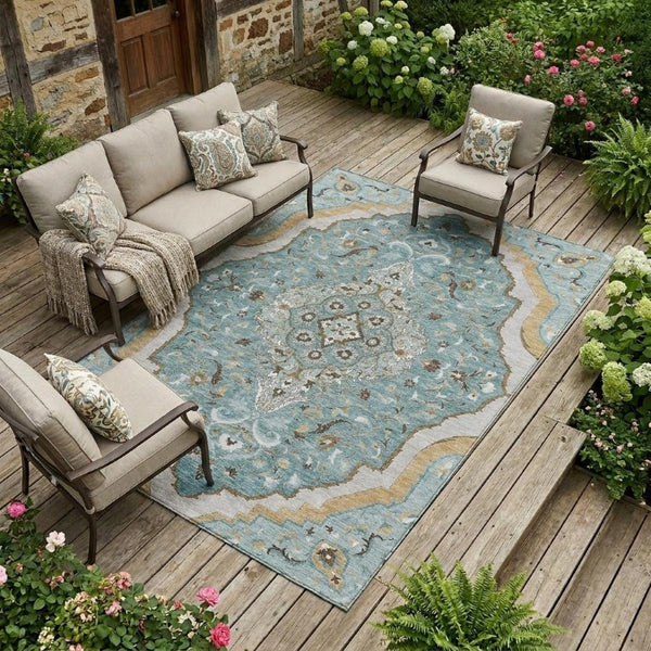 9 X 12 Teal Medallion Polyester Area Rug Washable Stain Resistant Indoor Outdoor