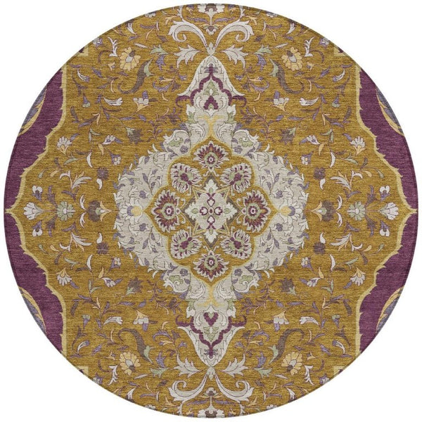 8 Ft Round Medallion Polyester Area Rug Washable for Indoor Outdoor Use