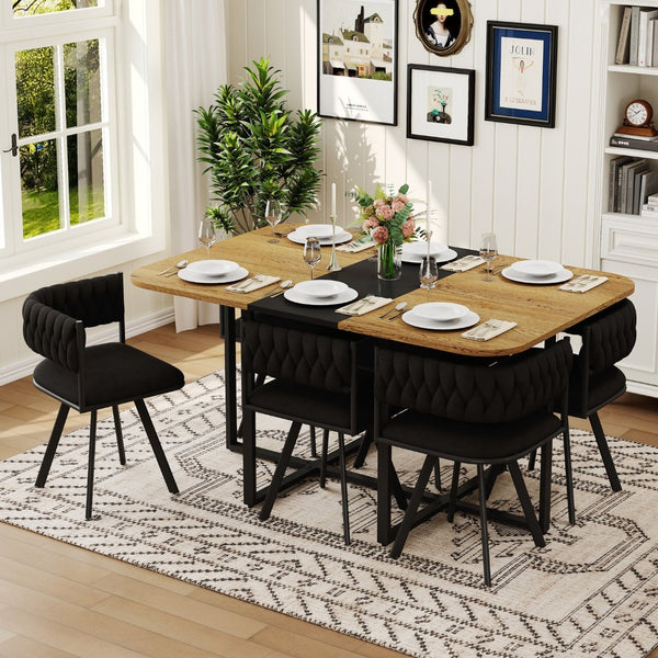English Elm 7-piece Dining Set Tufted Velvet Chairs Melamine Table Modern Farmhouse Kitchen Black,Wood W3875S00114