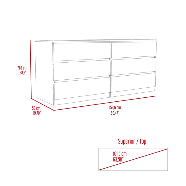 English Elm Seul Six Drawer Double Dresser Superior Top — 60.4" Wide Spacious Surface, Smooth All-Metal Rails, Sleek Design White 36 L x 24 W x 6 H B128S00116