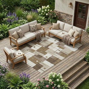 10 X 14 Beige Brown Geometric Polyester Washable Rug for Patio Porch or Living Room