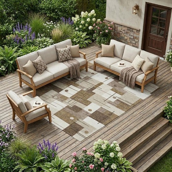 10 X 14 Beige Brown Geometric Polyester Washable Rug for Patio Porch or Living Room
