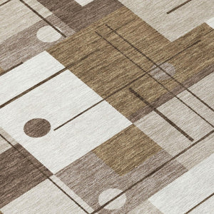 10 X 14 Beige Brown Geometric Polyester Washable Rug for Patio Porch or Living Room