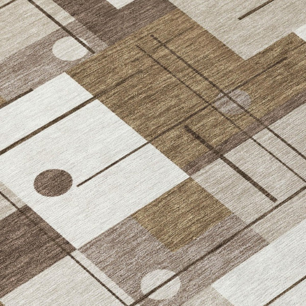 10 X 14 Beige Brown Geometric Polyester Washable Rug for Patio Porch or Living Room