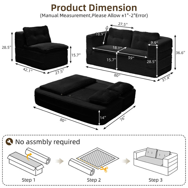 English Elm Multi Purpose Corduroy Sectional with Chaise Converts to King Floor Bed Deep Seat Black W3219S00007