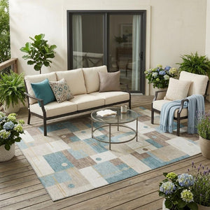 5x8 Ivory Khaki Geometric Polyester Area Rug for Indoor Outdoor Stain Resistant Use