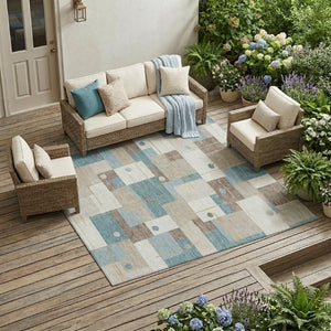 9 X 12 Ivory Khaki Geometric Polyester Area Rug Washable Stain Resistant Indoor Outdoor