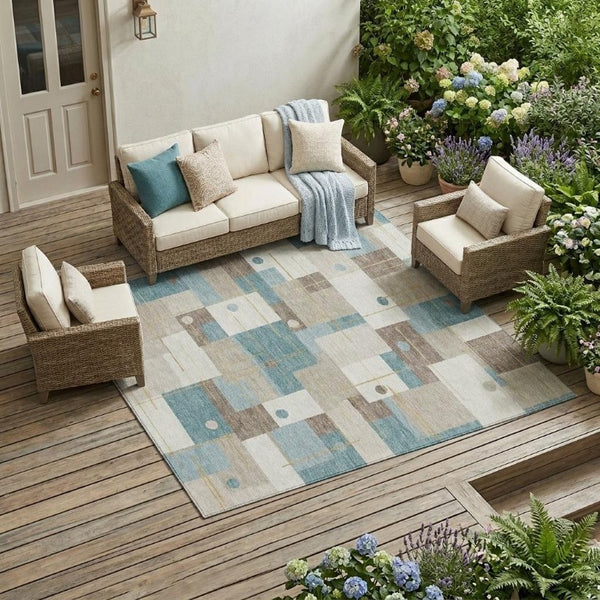 9 X 12 Ivory Khaki Geometric Polyester Area Rug Washable Stain Resistant Indoor Outdoor