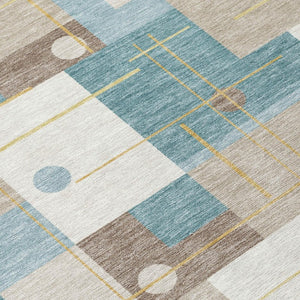 9 X 12 Ivory Khaki Geometric Polyester Area Rug Washable Stain Resistant Indoor Outdoor