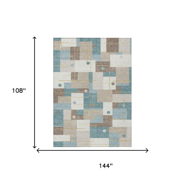 9 X 12 Ivory Khaki Geometric Polyester Area Rug Washable Stain Resistant Indoor Outdoor