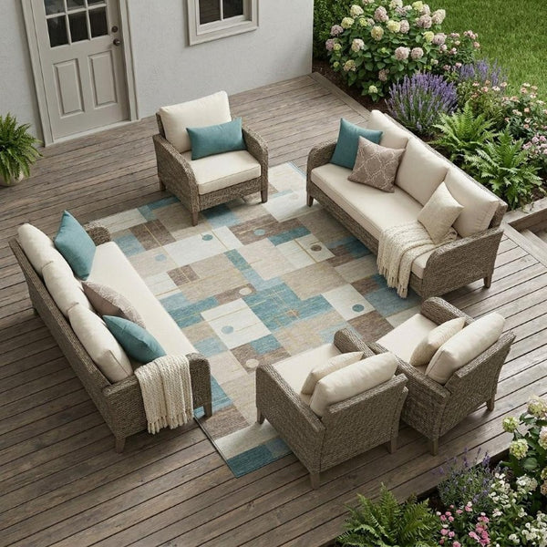 10 X 14 Ivory Khaki Geometric Polyester Rug Washable Stain Resistant Indoor Outdoor