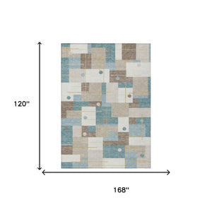 10 X 14 Ivory Khaki Geometric Polyester Rug Washable Stain Resistant Indoor Outdoor
