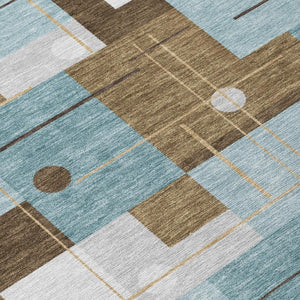 5x8 Teal Geometric Polyester Area Rug Washable Stain Resistant Indoor Outdoor Patio