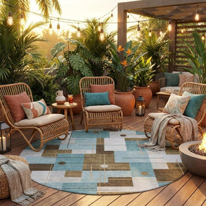8 Ft Round Geometric Polyester Rug Teal Indoor Outdoor Washable Pet Friendly
