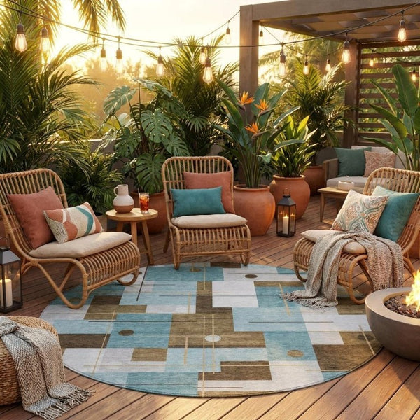 8 Ft Round Geometric Polyester Rug Teal Indoor Outdoor Washable Pet Friendly