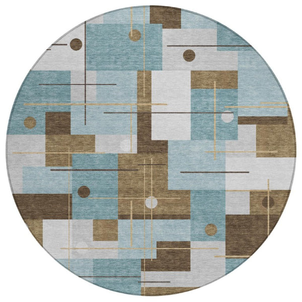 HomeRoots 8 Ft Round Geometric Polyester Rug Teal Indoor Outdoor Washable Pet Friendly 737947