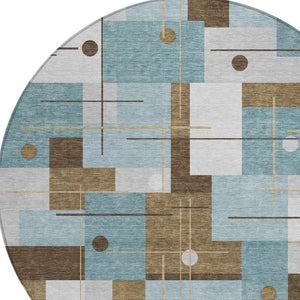 8 Ft Round Geometric Polyester Rug Teal Indoor Outdoor Washable Pet Friendly