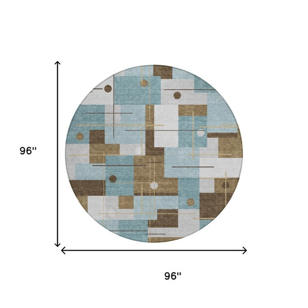 8 Ft Round Geometric Polyester Rug Teal Indoor Outdoor Washable Pet Friendly