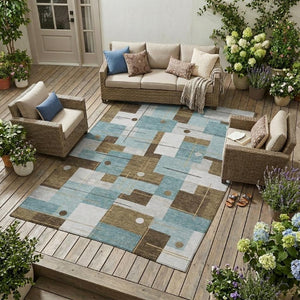 9 X 12 Teal Geometric Polyester Area Rug Washable Stain Resistant Indoor Outdoor