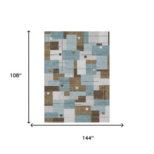 9 X 12 Teal Geometric Polyester Area Rug Washable Stain Resistant Indoor Outdoor