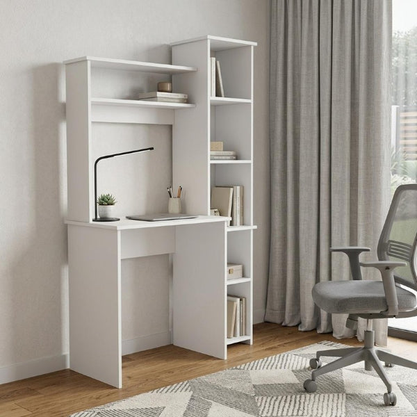 39 Inch White Wood Computer Desk with Hutch Storage for Home Office Workspace