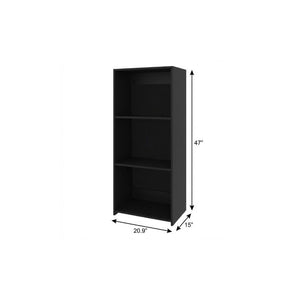 47 Inch Black Finished Wood Three Shelf Bookcase for Living Room or Home Office
