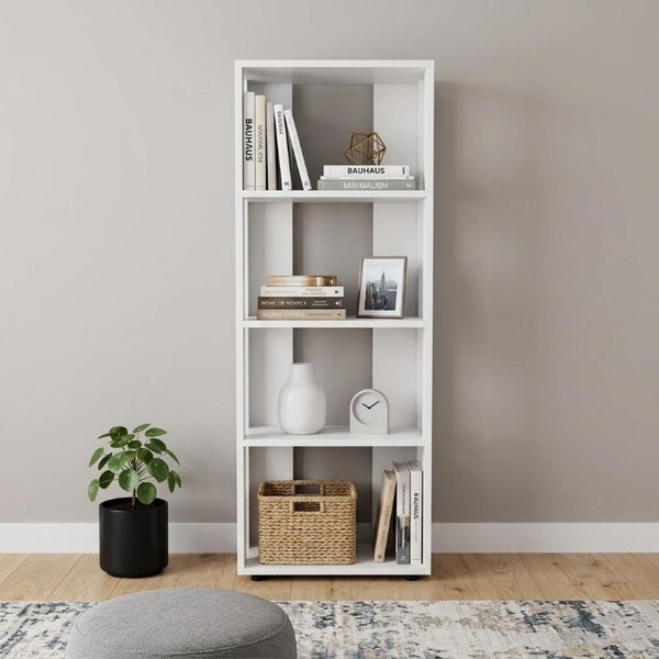 39 Inch White Wooden Three Tier Bookcase for Living Room Storage Display