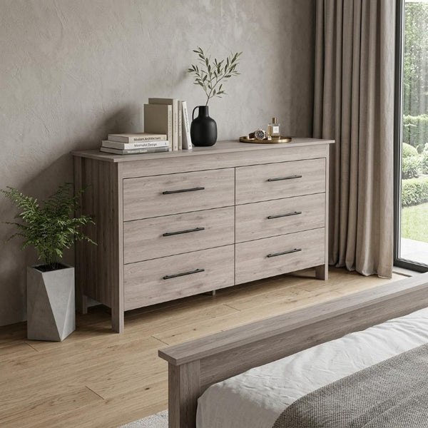 59 Inch Wide Six Drawer Solid Wood Double Dresser for Spacious Bedroom Storage and Organization