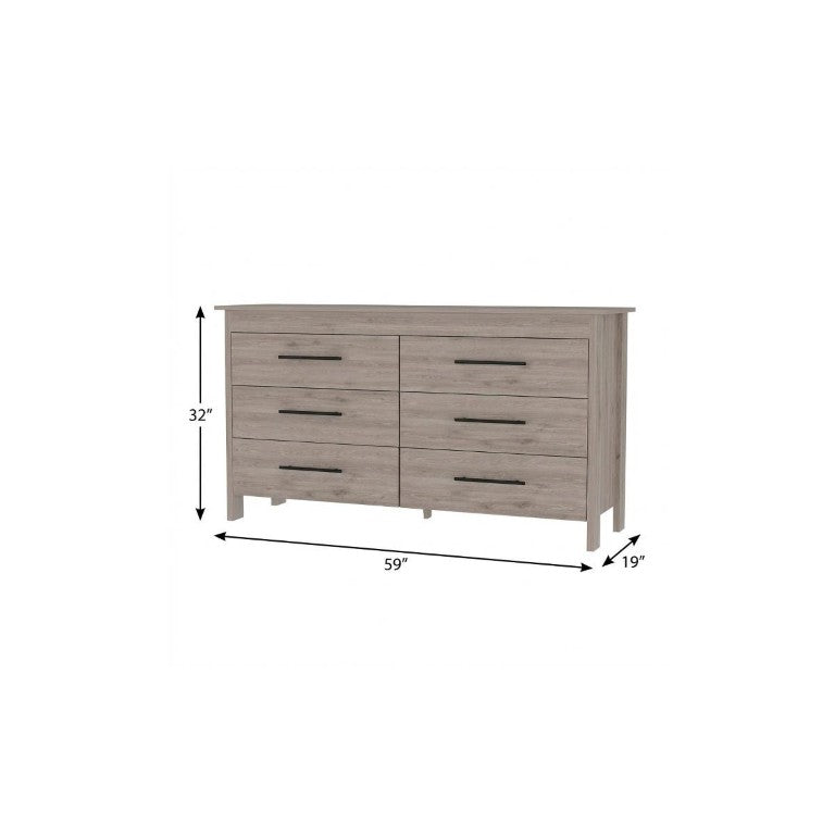 HomeRoots 59 Inch Wide Six Drawer Solid Wood Double Dresser for Spacious Bedroom Storage and Organization Gray 737986
