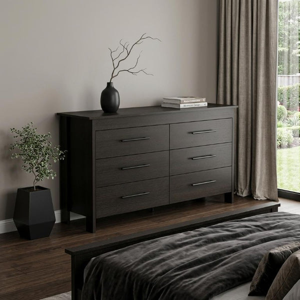 59 Inch Wide Six Drawer Solid Wood Double Dresser for Spacious Bedroom Storage and Organization