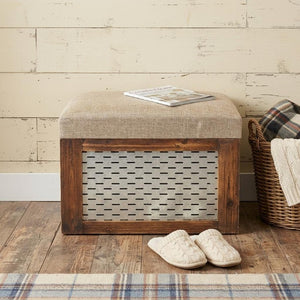 Set of Two Linen Upholstered Flip Top Storage Benches Distressed Wood Farmhouse Style