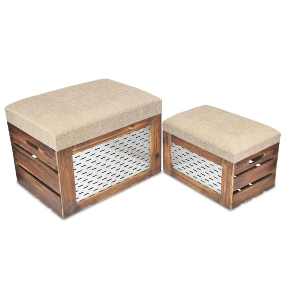 HomeRoots Set of Two Linen Upholstered Flip Top Storage Benches Distressed Wood Farmhouse Style 737989
