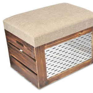 Set of Two Linen Upholstered Flip Top Storage Benches Distressed Wood Farmhouse Style