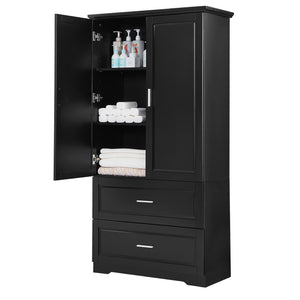 English Elm Tall Bathroom Storage Cabinet – Slim Black MDF Organizer with 2 Doors, 2 Drawers, Adjustable Shelves, Anti-Tip Device N725P172882B