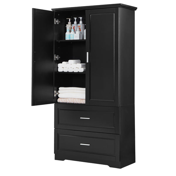 English Elm Tall Bathroom Storage Cabinet – Slim Black MDF Organizer with 2 Doors, 2 Drawers, Adjustable Shelves, Anti-Tip Device N725P172882B