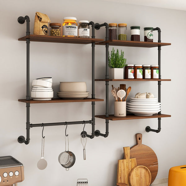 English Elm Industrial Rustic Pipe Wall Shelves 3 & 2 Tier 36" Wood Display with 8 Open Shelves & Hooks, Farmhouse W331P279737