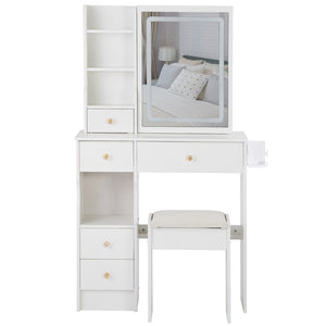 English Elm 29.2" Compact Left Drawer Vanity Set With Led Mirror, Power Station, Stool & Hair Dryer Holder P1 W936P202461-GIGA
