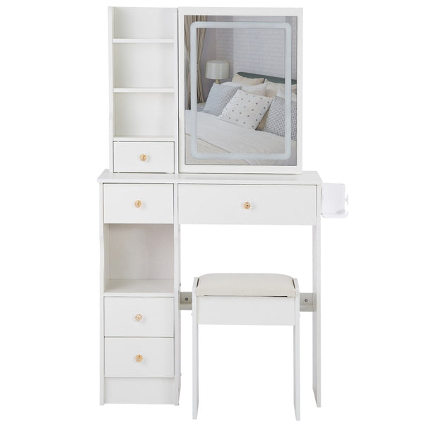 English Elm 29.2" Compact Left Drawer Vanity Set With Led Mirror, Power Station, Stool & Hair Dryer Holder P1 W936P202461-GIGA