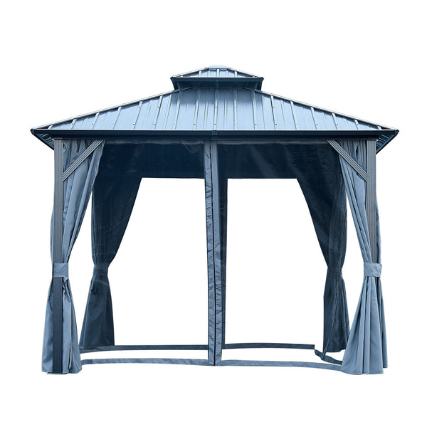 English Elm 10' Hardtop Gazebo 10' X 10' Double Roof with Skylight, Aluminum Frame, Curtains & Mosquito Netting W765S00001
