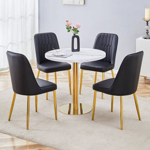 English Elm Table Set: 31.5-Inch Elegant White Marble Round Dining Table With 4 Black Pu Chairs For Chic Dining W1151S02497-GIGA